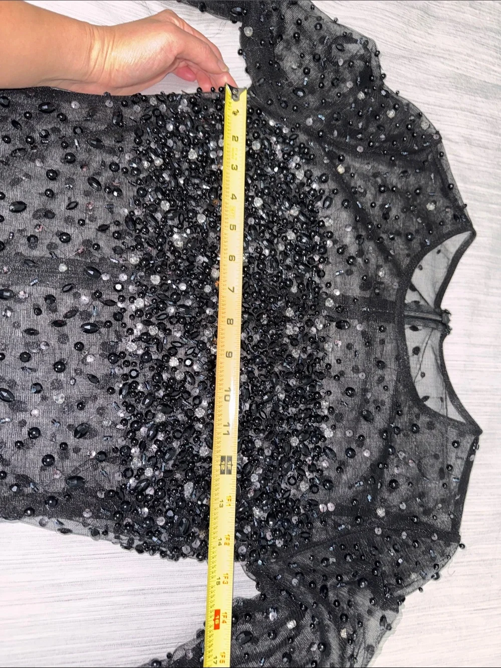 Black Beaded Sheer Mesh Long-Sleeve Mesh Mini Cocktail Dress - Picture 16 of 17
